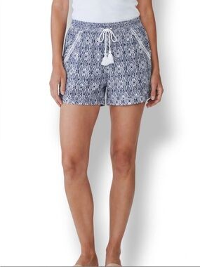 Briggs New York Blue White Linen Blend Boho Tassel Drawstring Shorts Size Large